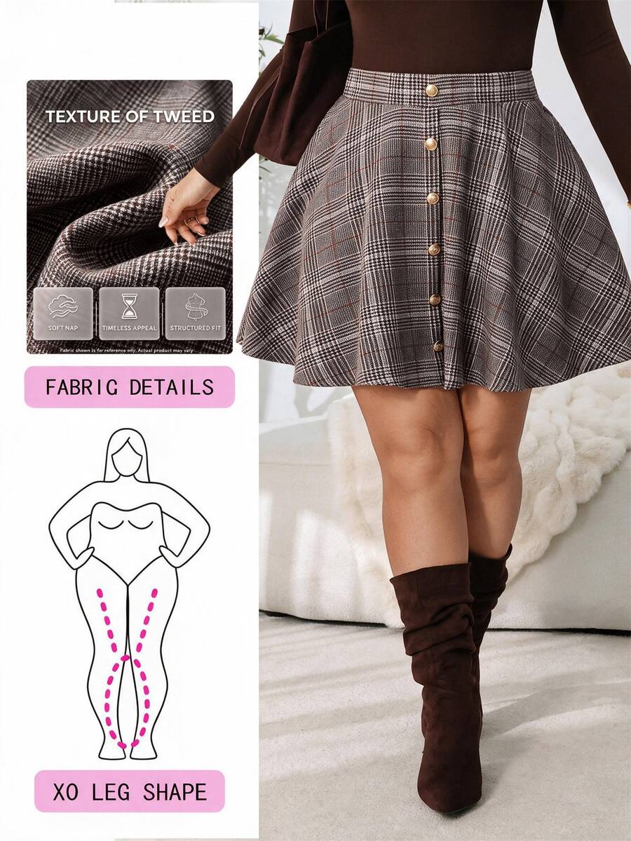 Solflare New Fall/Winter Plus Size Vintage Large Plaid Woolen Short Skirt With Gold Button Detail For Outings, School, Work, Birthdays, Dates & Casual Wear - Multicolor - View 1