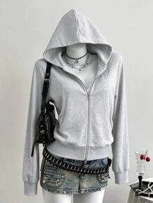 Mori Grove Mori Grove Women's New Long Sleeve Raglan Sleeve Hooded Zip-Up Thin Jacket, Suitable For Daily Outings, Commuting, Shopping, Home Wear, College Style, Versatile Outfit, Spring And Autumn Outerwear Top - Light Grey - View 1