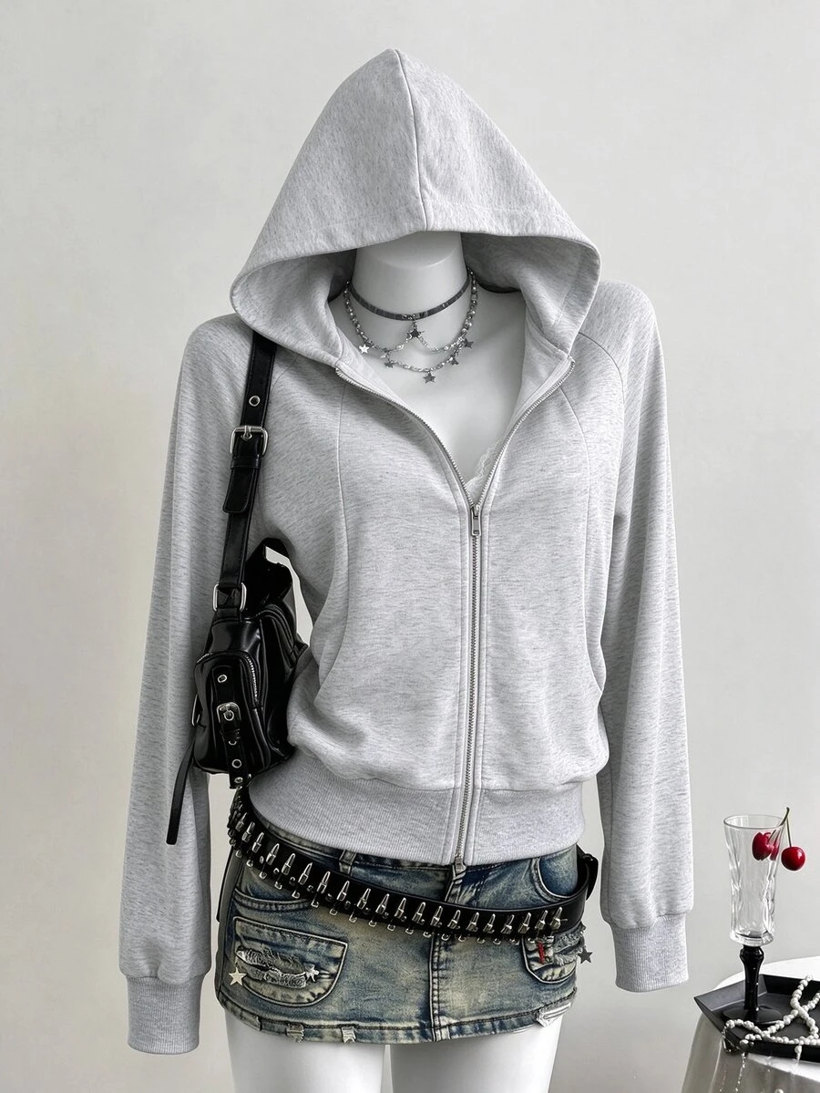 Mori Grove Mori Grove Women's New Long Sleeve Raglan Sleeve Hooded Zip-Up Thin Jacket, Suitable For Daily Outings, Commuting, Shopping, Home Wear, College Style, Versatile Outfit, Spring And Autumn Outerwear Top - Light Grey - View 1