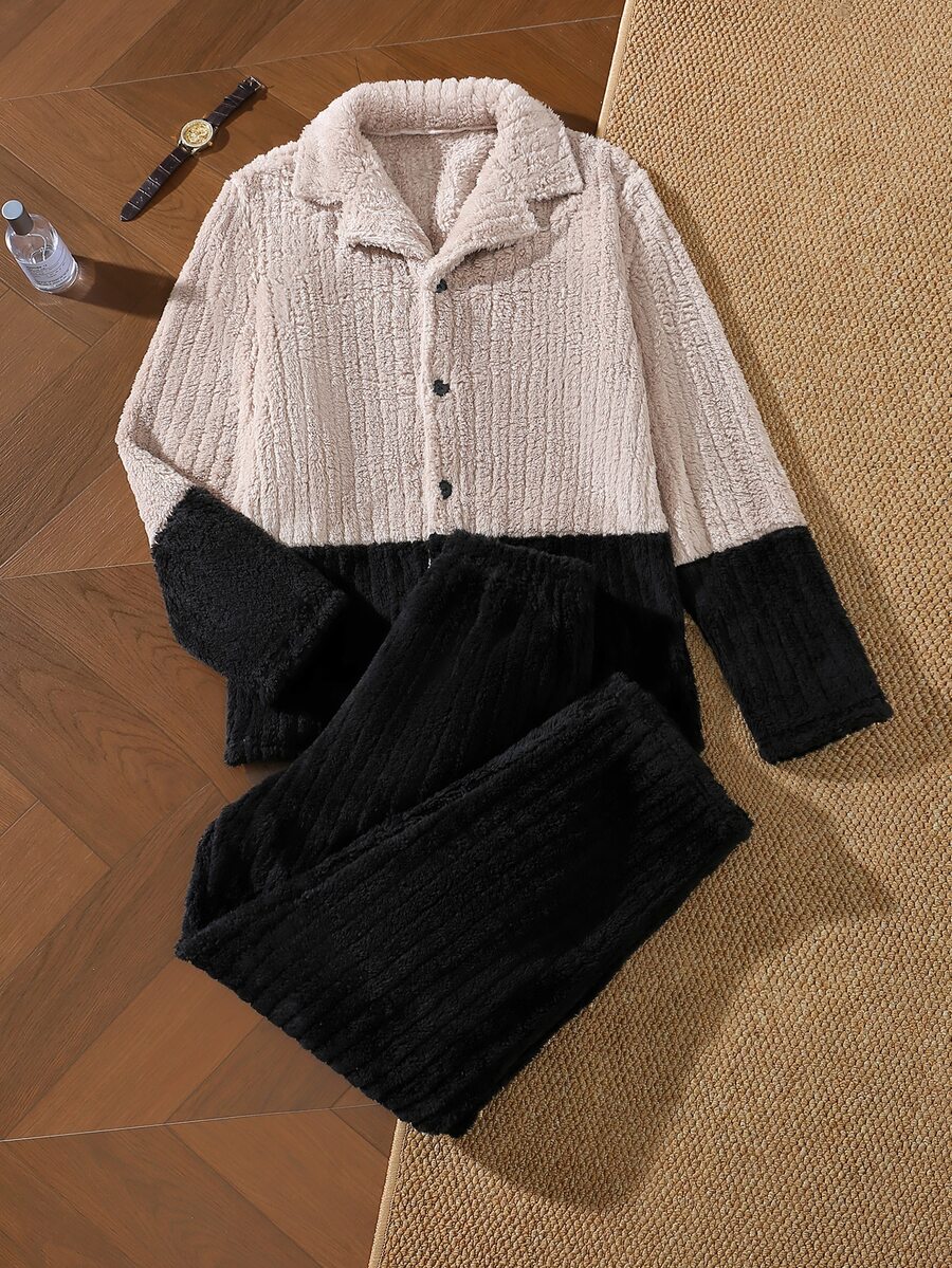 EverLounge Men's Casual Plush Colorblock Open Front Lapel Loungewear Set - Multicolor - View 1