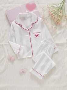 幼兒春秋/秋冬四季通用 簡約粉色條紋長袖口袋蝴蝶結印花開襟衫與長褲 2件套 柔軟舒適可愛 - 白色 - 查看 5