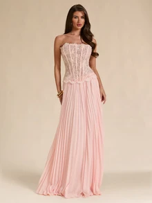 SHEIN BAE Spring/Summer Solid Color Lace Bustier With Sequins, Similar To Bodysuit, Women's Top - Pink - View 7
