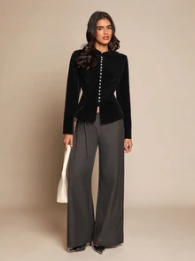 SHEIN Glamour Women's Casual Button Decor Velvet Jacket - Black - View 4