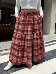 Muchica 大尺碼女款格紋印花層次下擺裙，適合休閒波希米亞傳統日常穿搭、感恩節、Y2K風格、返校季、秋季 - 酒紅色 - 查看 3