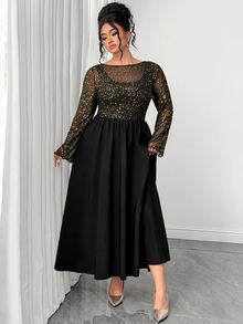 Elenzga Plus Size Women's Black & Gold Mesh Asymmetrical Shoulder A-Line Long Sleeve Maxi Dress, Suitable For Daily Commute, Party, Date And Other Occasions - Multicolor - View 1