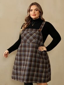 SHEIN CURVE+ Plus Size Cami Button Pocket Plaid Dress, Elegant Vintage, Holiday Party, Christmas - Multicolor - View 4
