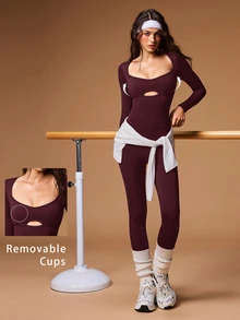 VARSIVA Solid Color Twist Backless Fitted Sports Jumpsuit - Burgundy - View 11