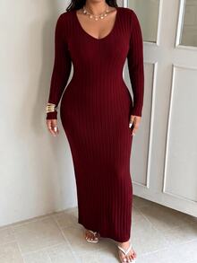 SHEIN EZwear Plus Solid V Neck Bodycon Dress Date Night Dress, Winter - Burgundy - View 6