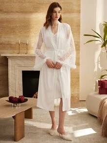 Moireta Women's Lace Patchwork Camisole Dress And Cardigan Casual Sleepwear Set - White - View 3