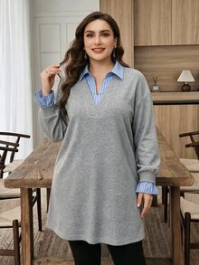 Lacomfia Women's 2 In 1 Striped Patchwork Loose Casual Daily Autumn/Winter Gray Thermal Lined Plus Size Sweatshirt - Grey - View 3