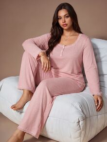 Lazeform Solid Color Square Neck Button-Front Lace Trim Long Sleeve Pants Pajama Set Plus Size - Pink - View 4