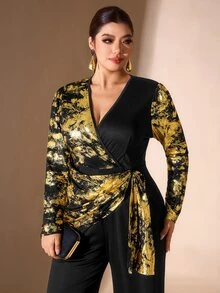 Cravure Jumpsuit nữ size lớn họa tiết in ngẫu nhiên màu vàng, phong cách thời trang thanh lịch cho tiệc tùng và mặc thường ngày dạo phố - Nhiều màu - Xem 7