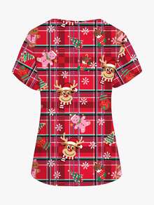 PopScrub Cartoon Bear Heart-Shaped Short Sleeve Women Nursing Scrubs Top, Nurse Uniform - Multicolor - View 2
