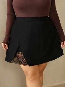 SHEIN CURVE+ Plus Size Women's Black Versatile A Line Mini Skirt, Party Elegant, Christmas - Black - View 5