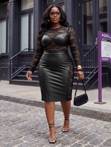 Slaydiva Plus Size Sexy Lace PU Material Dress - Black - View 1