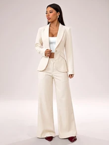 SHEIN PETITE Elegant Suits Two Pieces Outfits,Single-Button Blazer Set And Suit Pants,Autumn Office Business Corporate Attire For Commuting ,Petite Women - Apricot - View 5