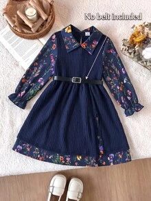 SHEIN Young Girl Floral Digital Print Ribbed Mock 2-Piece Dress Cute Ruffle Long Sleeve Peter Pan Collar Fall Winter Loose Casual Flared Layered Midi Dress - Royal Blue - View 7