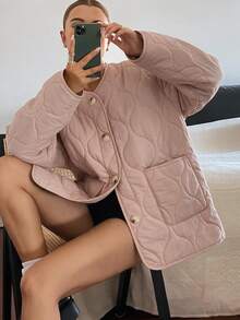DAZY Women's Loose Pink Casual Padded Coat With Stitching Decor - Pink - View 3