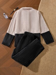 EverLounge Men's Casual Plush Colorblock Open Front Lapel Loungewear Set - Multicolor - View 2