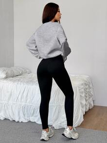 Solflare Plus Size Women's Letter Print Long Sleeve Top And Pants Casual Daily 2 Pieces Set - Light Grey - View 2