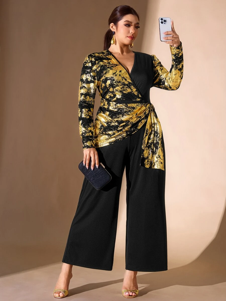 Cravure Jumpsuit nữ size lớn họa tiết in ngẫu nhiên màu vàng, phong cách thời trang thanh lịch cho tiệc tùng và mặc thường ngày dạo phố - Nhiều màu - Xem 1