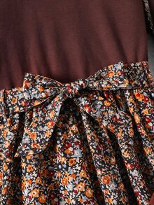 SHEIN Tween Girl Casual Elegant Round Neck Long Sleeve Brown Dusty Floral Patchwork Tween Girl Dress - Multicolor - View 8