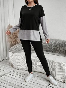 SHEIN LUNE 大尺碼女款拼色圓領長袖T恤與緊身褲寬鬆兩件套 正式度假居家穿著 海軍藍 秋季外出 - 彩色 - 查看 2