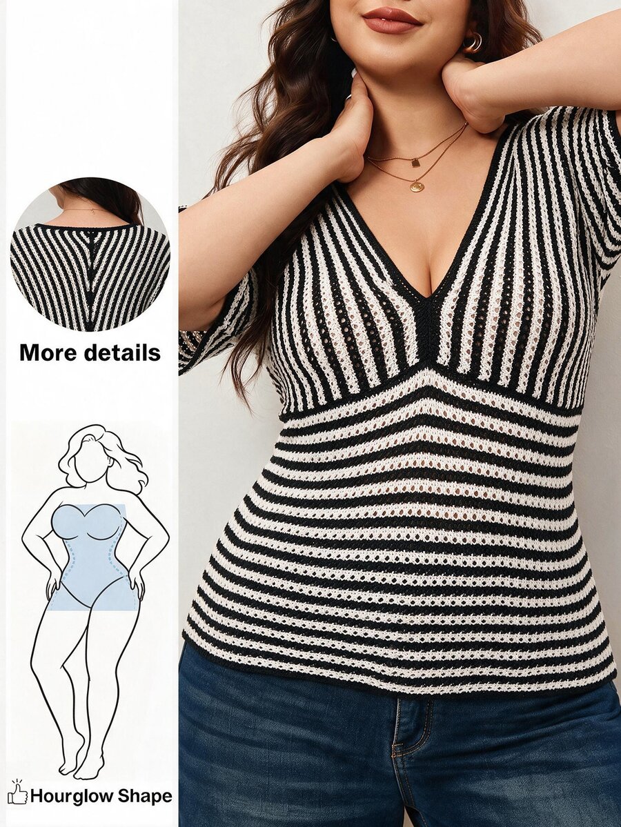 Enliva Plus Size Women's V-Neck Striped Casual Daily Knit Top - Black and White - View 1