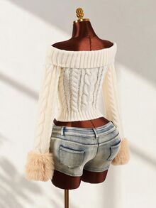 Mistrie Women's Cable Knit Off-Shoulder Patchwork Fuzzy Cuff Fashion Sweater - White - View 6
