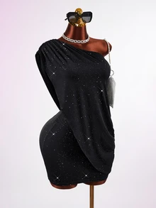 Mistrie Women's Elegant Party Velvet Rhinestone Asymmetrical Neckline Dress - Black - View 3