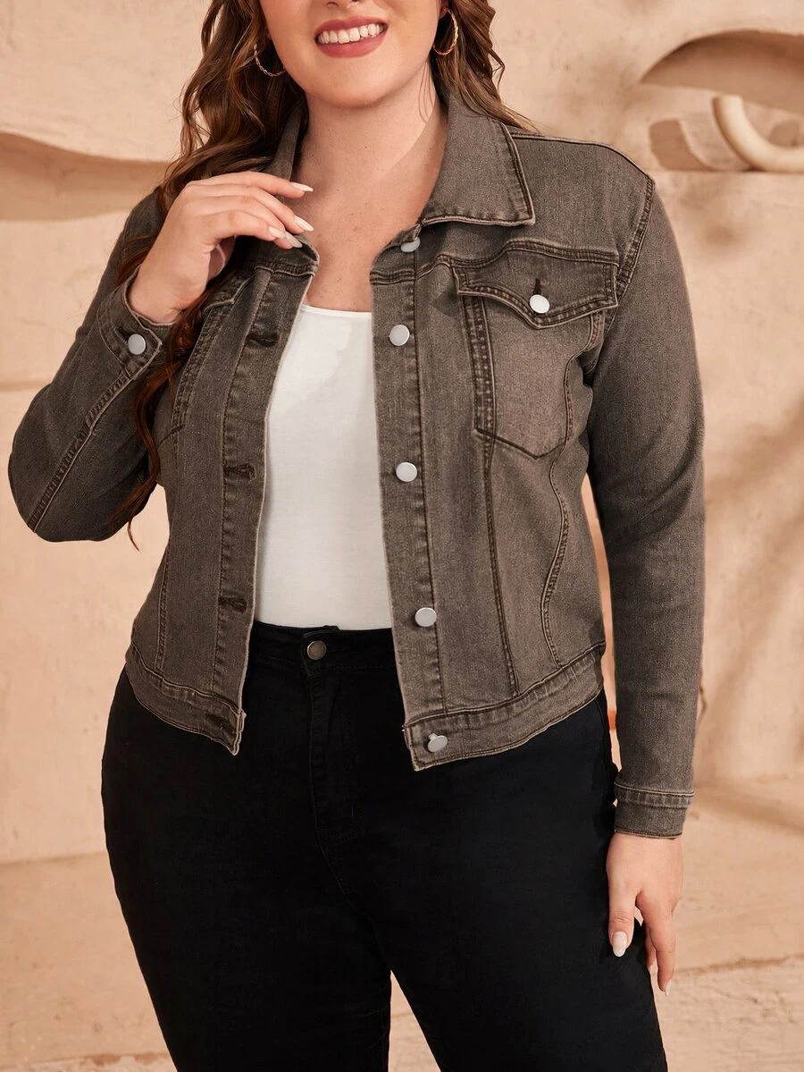 EMERY ROSE Women's Streetwear Button Long Sleeve Denim Jacket - Brown - View 1