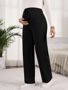 SHEIN 女款孕婦純色羅紋可調腰帶腹下抽繩長褲 秋季 - 黑色 - 查看 7