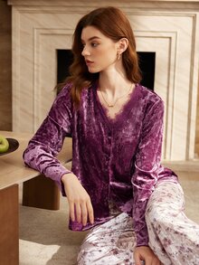 Moireta Women's Mature Elegant Glossy Velvet Printed Long Sleeve Pants Pajama Set - Multicolor - View 6