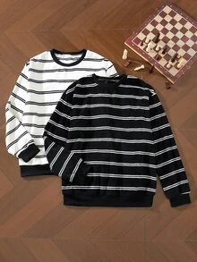 EverLounge Men's Casual Plush Striped Loungewear Top 2-Piece Set - Black and White - View 1