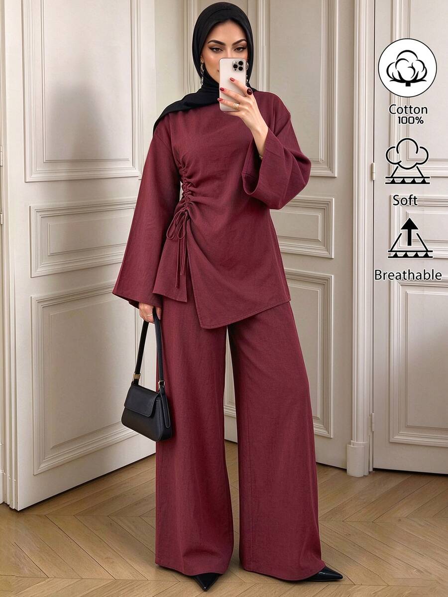 Elenzga Women's Minimalist Drawstring Pleated Top And Loose Pants Set - Burgundy - View 1