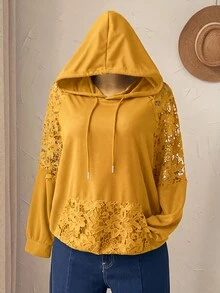 Rusticease 大尺碼純色蕾絲拼接連帽衛衣 度假風 酒紅色 秋冬優雅休閒正式款 夏威夷 冬季時尚 2026 早午餐穿搭 - 芥末黃 - 查看 7
