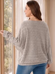 Rosumi Women's Plus Size Round Neck Pullover Ribbed T-Shirt Winter Clothes For Women Winter Clothes Winter Outfit For Women - Khaki - View 3