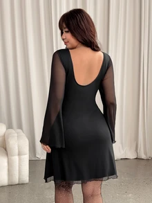 GalTyme فستان سهرة أنيق بمقاس كبير مع خصر مشدود وأكمام طويلة - الأسود - مشاهدة 1