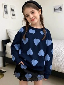 青少年女孩休閒簡約寬鬆圓領舒適長袖運動衫，適合秋冬，經典像素愛心圖案印花 - 白色 - 查看 2