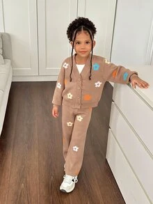 SHEIN Young Girl 2pcs/Set Young Girl Plain Cardigan & Knitted Pants, Sweater Outfits In Fall/Winter - Khaki - View 4