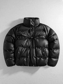 ROMWE MEN Men's Dark Structure High Street Padded Coat - Black - View 8