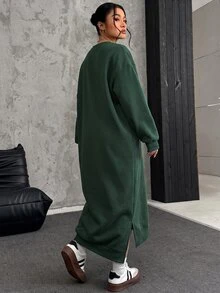 SHEIN EZwear 大尺碼寬鬆休閒長版抓絨衛衣洋裝，秋冬款 - 墨綠色 - 查看 2