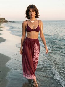 CAJUNI Women's Floral Print Beach Cover-Up Midi Skirt - Red - View 7