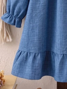 Young Girl 4-8Y Preppy Eyelet Embroidery Peter Pan Collar Long Sleeve Ruffle A-Line Dress School Party Matching Photoshoot Fall Winter Outfits - Blue - View 7