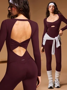 VARSIVA Solid Color Twist Backless Fitted Sports Jumpsuit - Burgundy - View 2