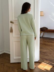DAZY Women's Long Sleeve Single-Breasted Top And Pants Pajama Set - Green - View 2