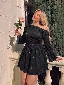 SHEIN MOD 大尺碼女款優雅亮片黑色派對洋裝，秋季不對稱領喇叭袖迷你洋裝，秋冬黑色優雅派對禮服 - 黑色 - 查看 4
