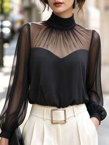 Elenzga Women's Solid Color Stand Collar Contrast Mesh Long Sleeve Elegant Blouse - Black - View 4