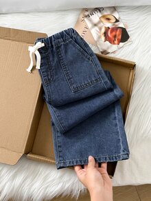 SHEIN 兒童小男孩休閒基本款抽繩腰藍色牛仔寬鬆大廓形牛仔褲，秋冬開學季 - 中等水洗藍 - 查看 7