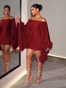 SHEIN VaVaLuxe 女款毛絨拼接露肩休閒優雅性感派對夜店短洋裝 粉色夏季 - 酒紅色 - 查看 3